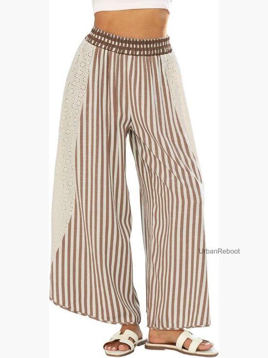Pants - Wide Leg Striped Palazzo Trousers Elastic Waist Lounge Pants